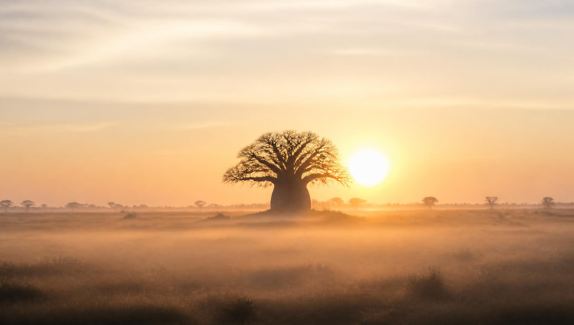 An ancient baobab tree on a misty horizon at sunrise
